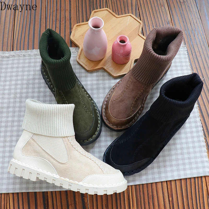 

Literary hand-sewn female short boots retro flat soft bottom comfortable wool mouth boots wild casual cotton shoes