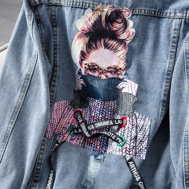 Женская джинсовая куртка Повседневная Свободная синяя на пуговицах с 3D принтом