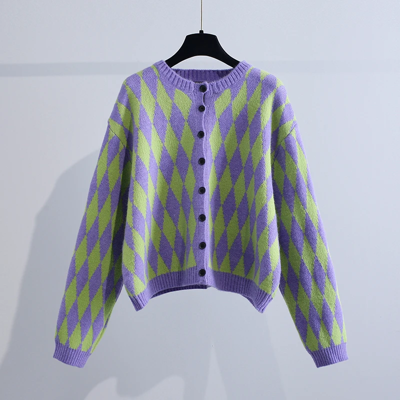 

Short Argyle Knitted Women Sweater Cardigan Autumn Winter New 2021 O-Neck Button Short Female Outwear Coats Tops