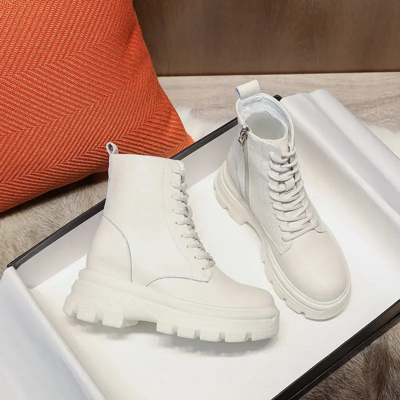 

2021 Fashion Genuine Leather White Women's Boots Winter Plush Warm Cotton Boots Thick Bottom Comfortable Casual Platform Boots