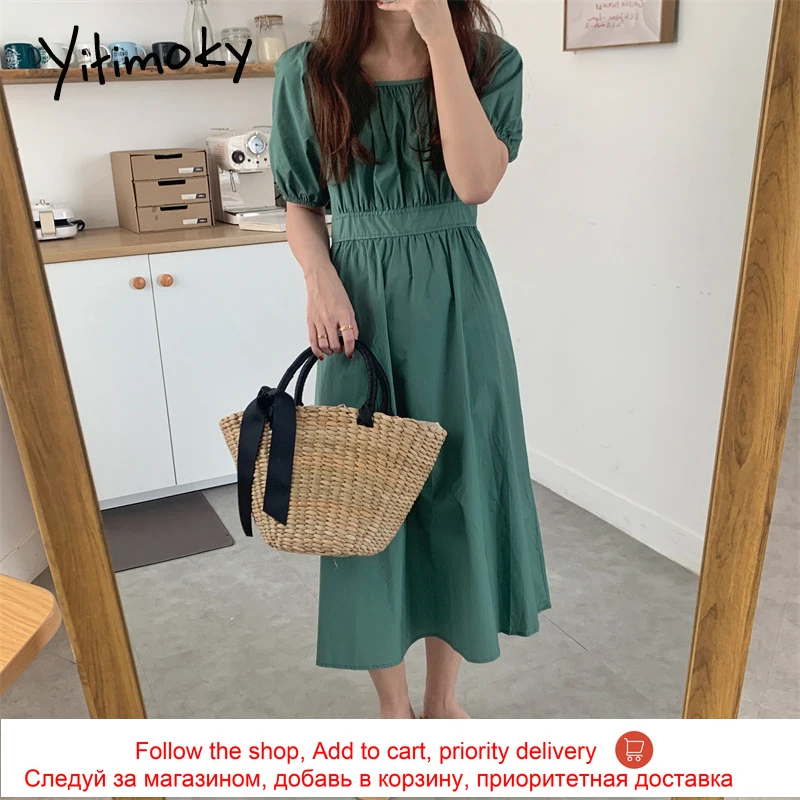 

Yitimoky Simple Woman Dress Lace Up Square Collar Puff Sleeve 2021 Summer Fashion High Waist Backless Bow Casual Long Dresses