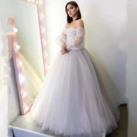 sweetheart full sleeves wedding dress floor length off the shoulder illusion tulle lace applique 2021 new a line bride gown