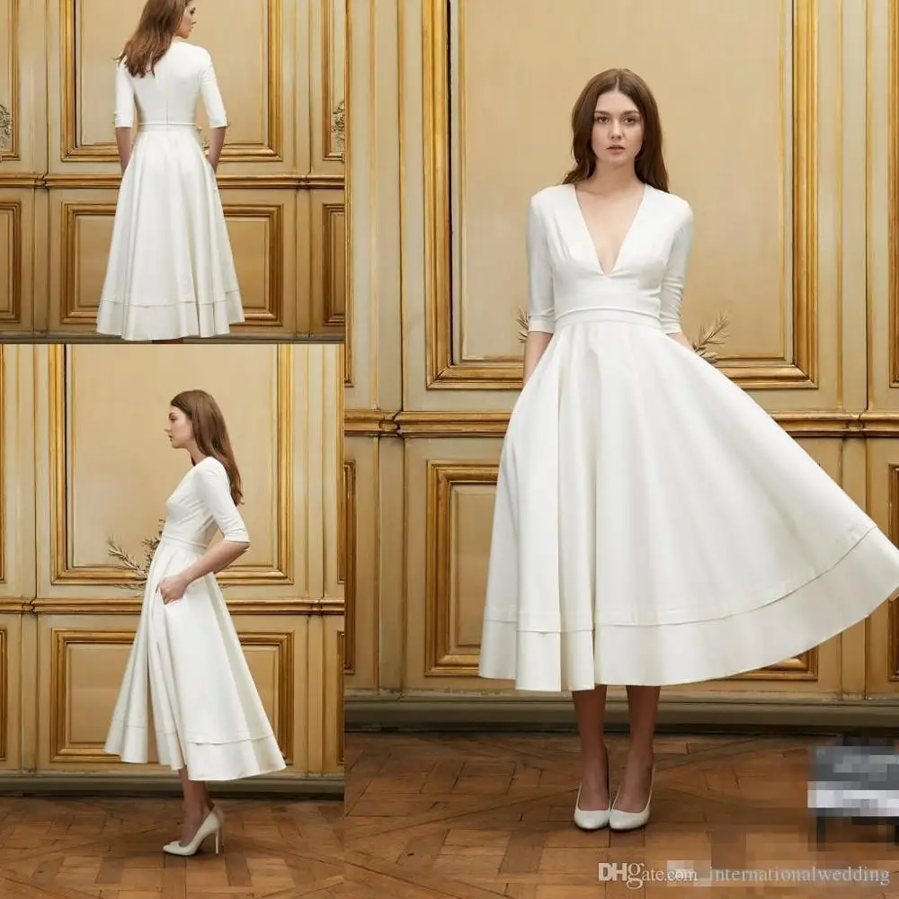 Белые свадебные платья 2020 Короткие атласные с v образным вырезом и молнией