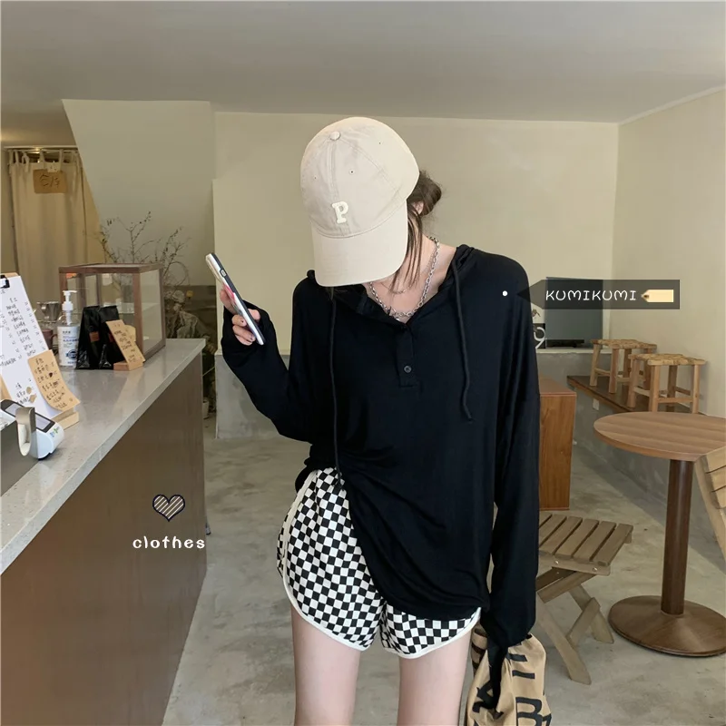 Футболка женская с капюшоном тонкая свободная Солнцезащитная рубашка длинным