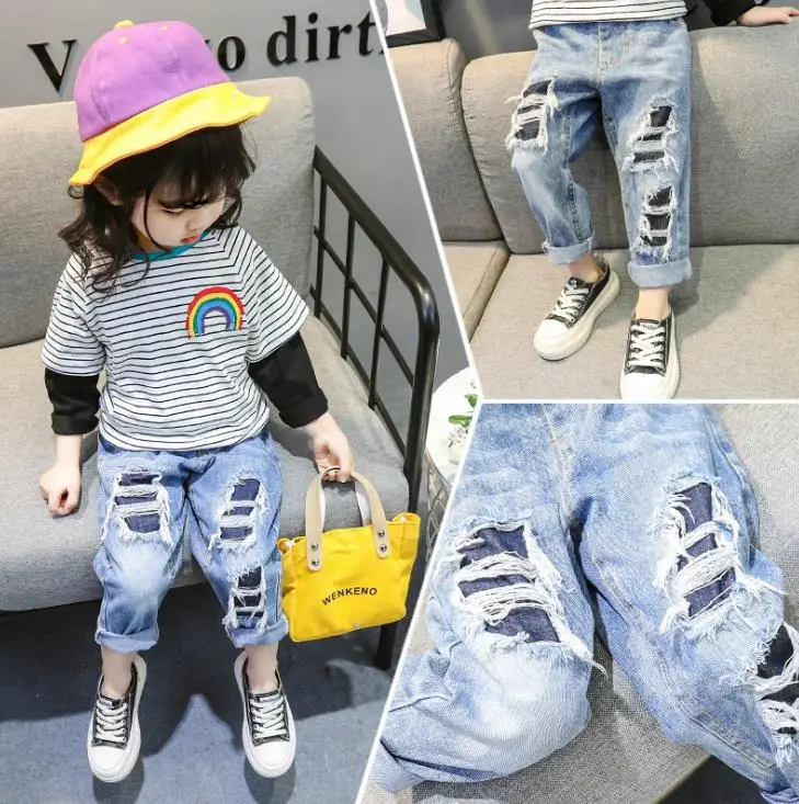 

Джинсы для девочек, детские рваные новые осенние джинсовые брюки, детские прямые джинсы, однотонные детские брюки с эластичным поясом