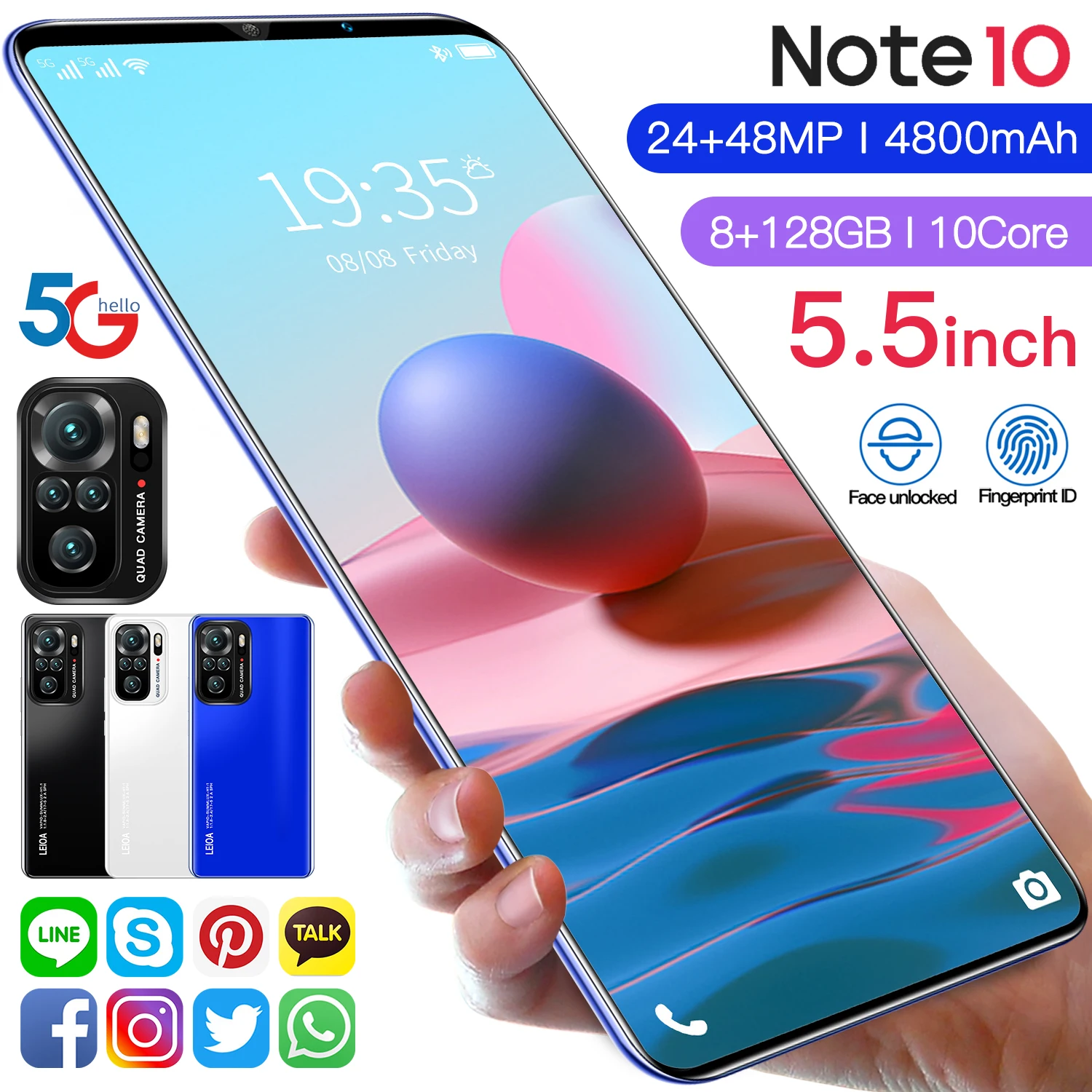 

Smart Phone 5.5 Inch Note 10 Deca Core 4800mAh 24+48MP Andriod 10 Face Fingerprint Unlock 8+128GB Cellphone MTK6595 Dual SIM+SD