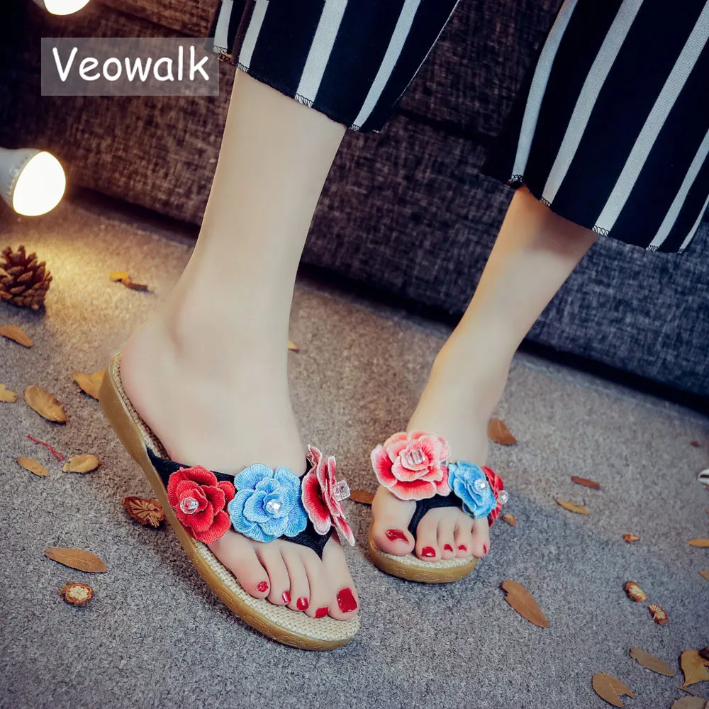 Женские льняные хлопковые шлепанцы Veowalk летние пляжная обувь на плоской подошве