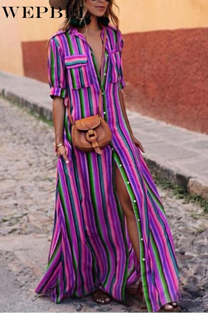 

WEPBEL Women Dress Casual Summer Loose Long Maxi Striped Print Button Down Shirt Boho Dress