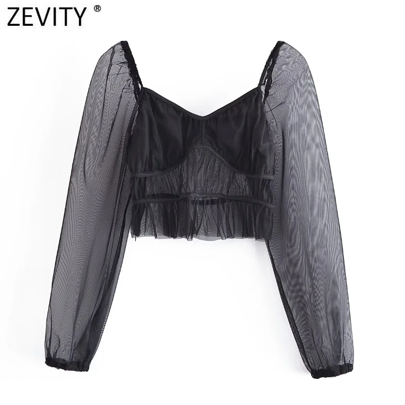 

Новая женская сексуальная сетчатая черная прозрачная короткая блузка Zevity с V-образным вырезом, женские шикарные рубашки с оборками, укороче...