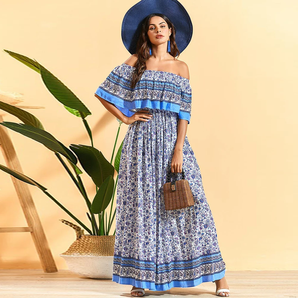Женское платье макси с открытыми плечами длинное летнее в стиле бохо женская