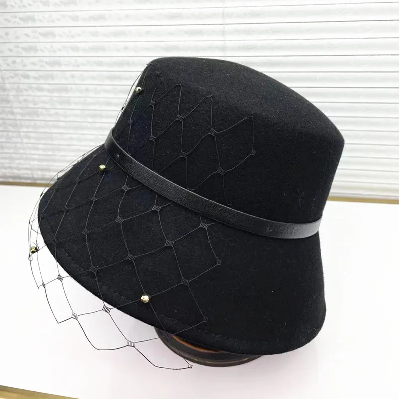 Japanese Mesh Beading Hepburn Flat Top Hat Simple Fashion English Style Wool Felt Hat Lady Wide Brim