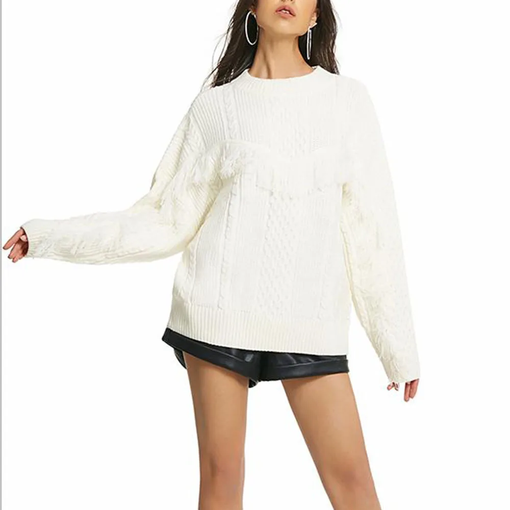 Женский свитер с круглым вырезом белый пуловер длинным рукавом в стиле пэчворк