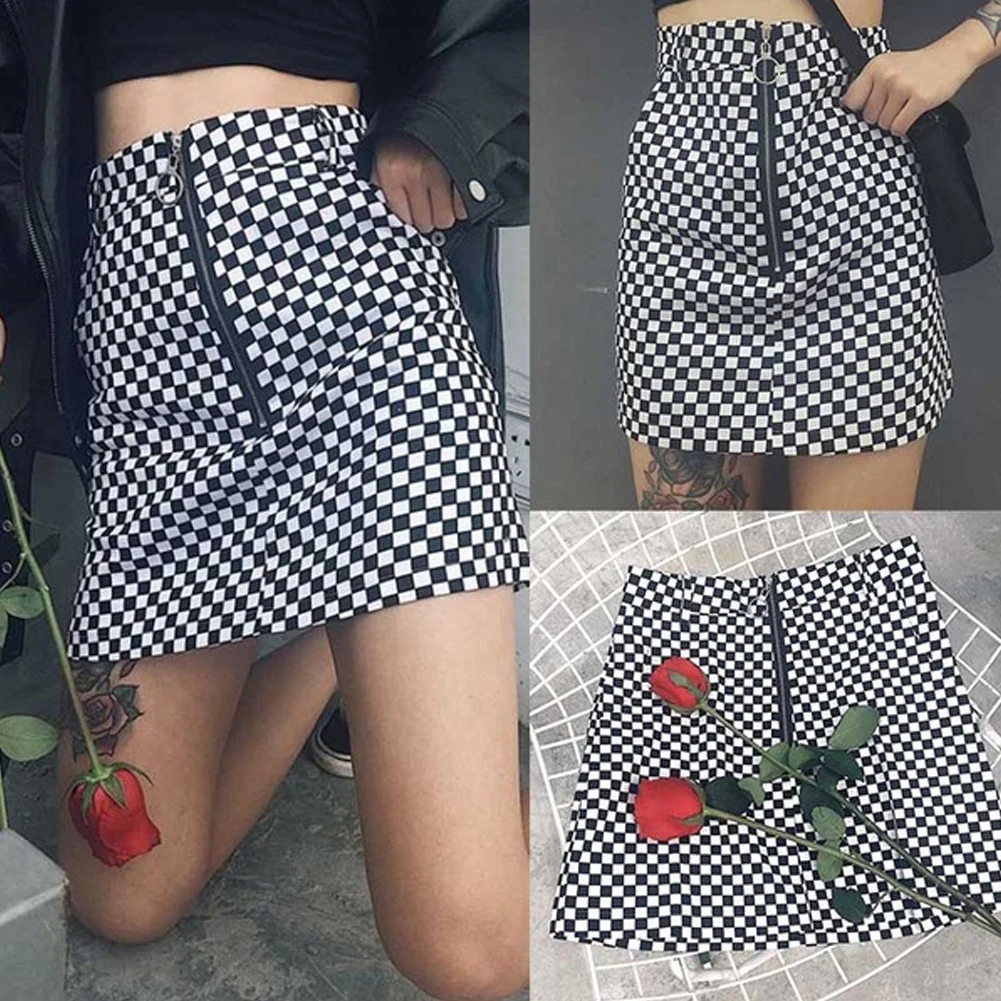 

Women Grid Pattern Casual A-line Mini Short Skirt Summer Fabala High Waist