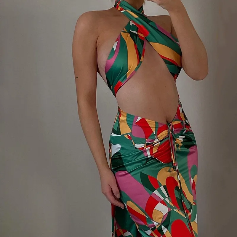

Fashion Print Halter Cut-Out Sexy Lace Up Top and Skirt Bodycon Outfit Two Pieces Ruched Club Party Matching Set