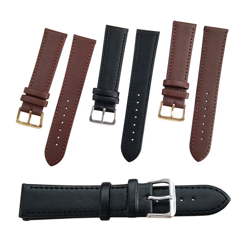 Ремешок из натуральной кожи для мужских и женских часов, простой коричневый черный браслет с пряжкой из нержавеющей стали, 8-24 мм