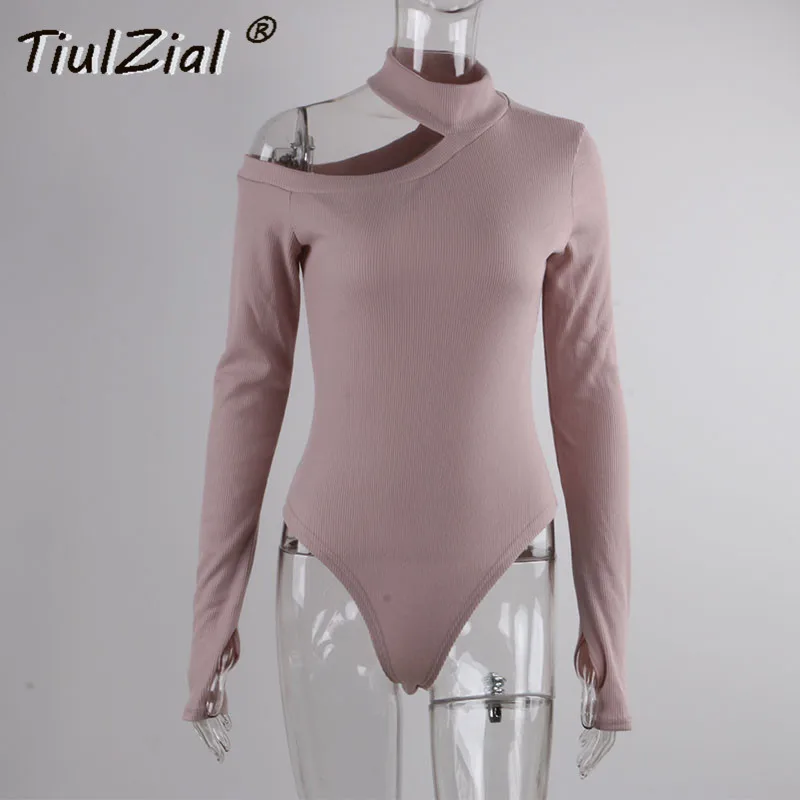 

TiulZial Ribbed Knitting Hollow Out Sexy Bodysuit Solid Autumn Winter Long Sleeve Halter Bodysuit Women Casual Body Female Top