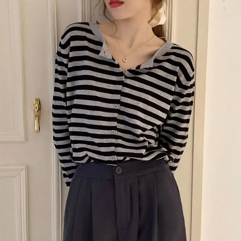 

Cropped Sweaters Women Fall Trendy Basic Long Sleeve Soft Striped Ladies Knitwear Single Breasted Woman Cardigans Vintage