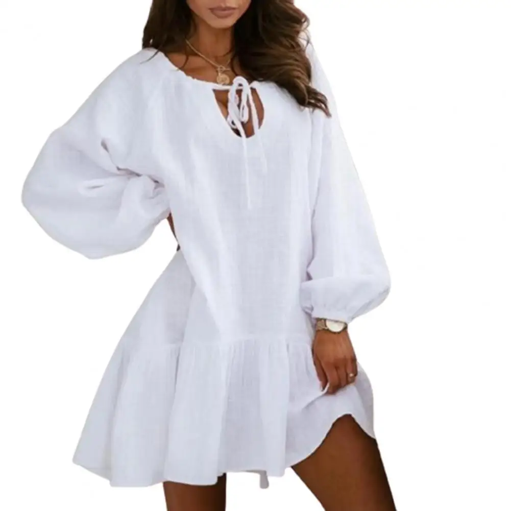 

Loose Women Dress Long Puff Sleeve Tie-up Cotton Flax Hollow Out Ruffle Ladies Party Princess Dresses Vestidos