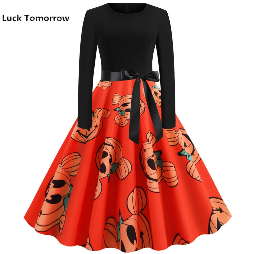Новинка 2019 модное женское осеннее платье на Хэллоуин с принтом тыквы черное