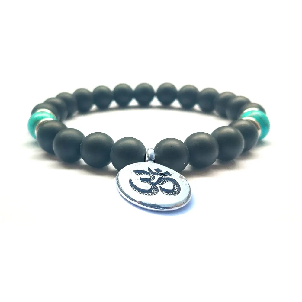Мужской браслет с бусинами OM kгрудte матовый черный натуральными камнями для йоги