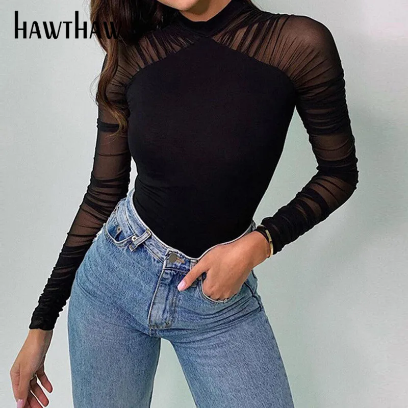 

Женское осеннее облегающее прозрачное боди Hawthaw с длинным рукавом, черное Сетчатое боди, футболка, Топы, осенняя одежда 2021, оптовая продажа т...