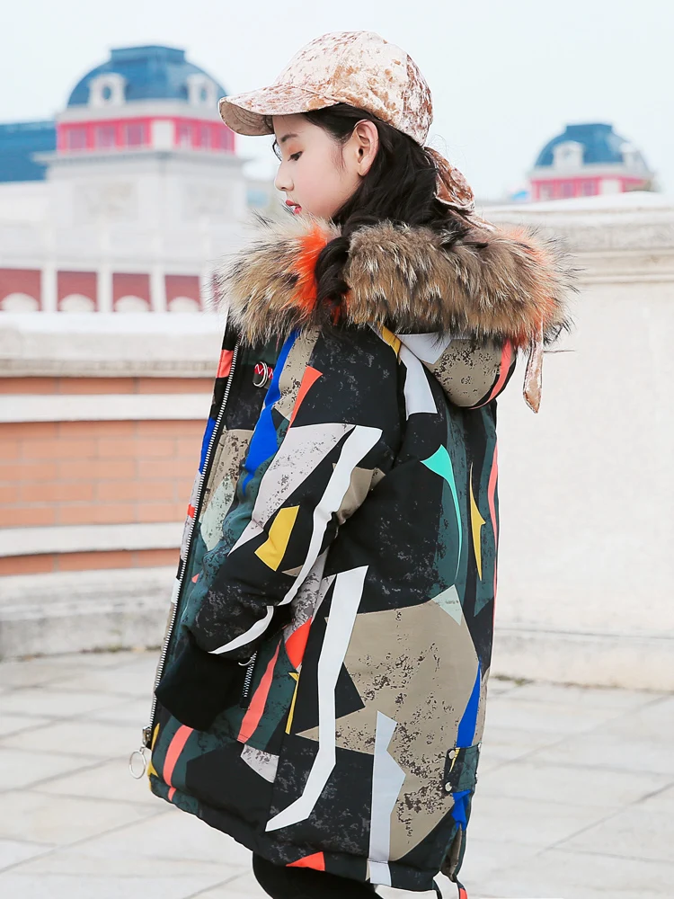 2019 зимнее пальто с натуральным мехом камуфляж Белые куртки пуховики 30 теплая