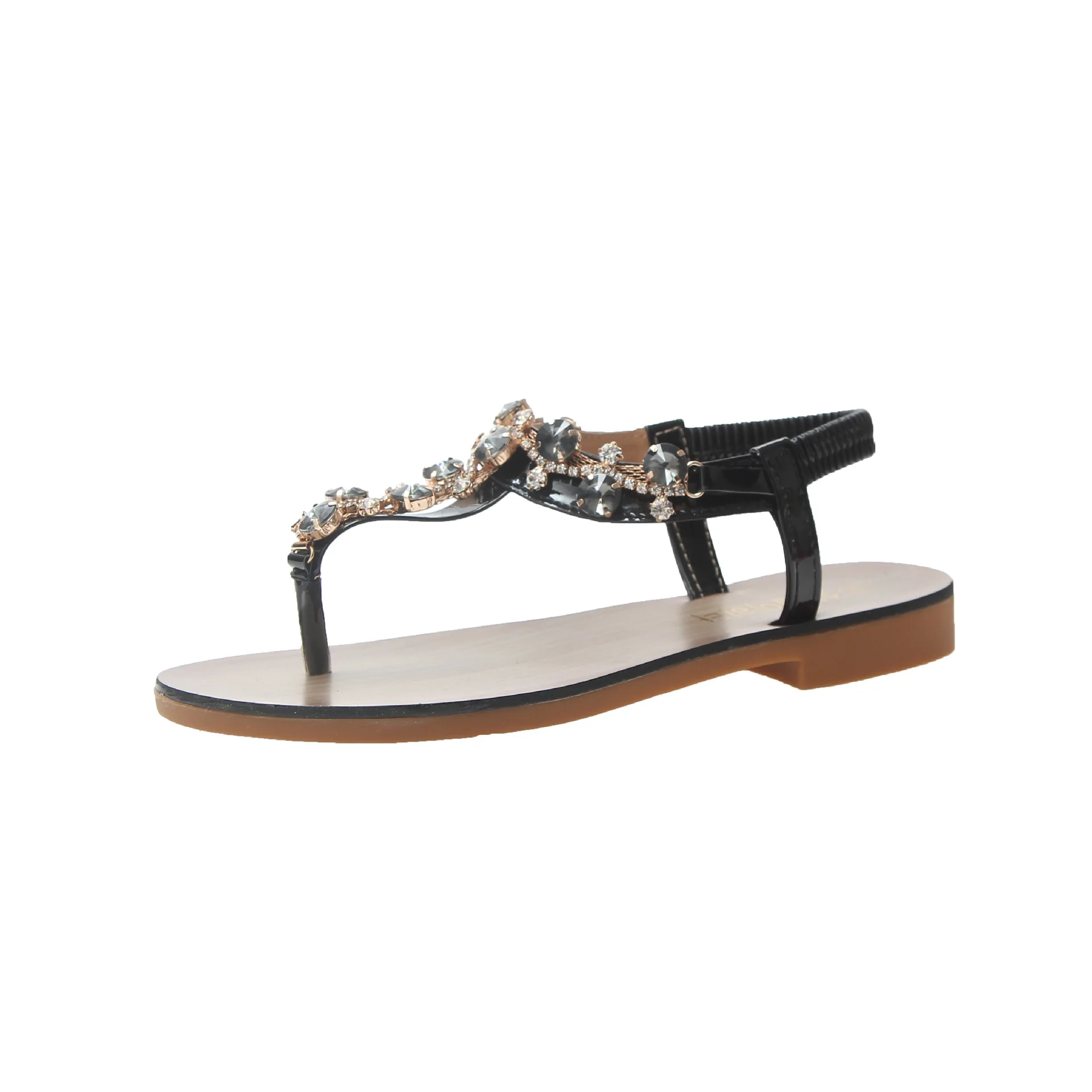 

Sandal girl 2021 summer new versatile clip toe Rhinestone Beaded flat bottom fairy beach Roman shoes