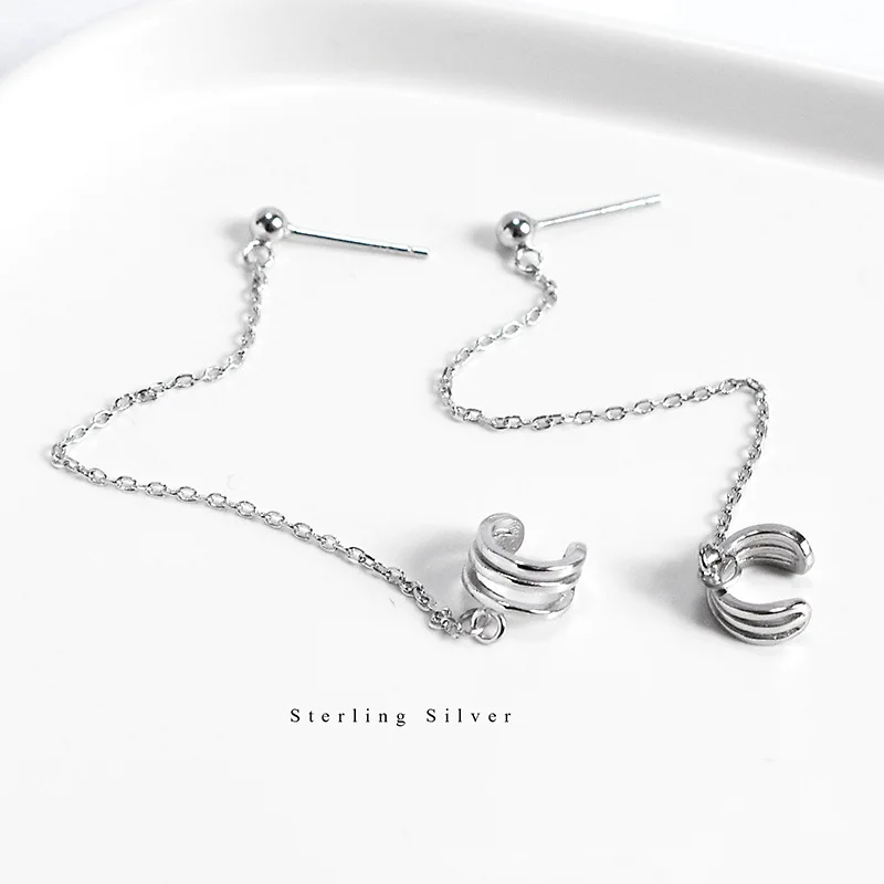

Genuine 925 Sterling Silver Ear Cuff Earrings Three Layered Ear Cuffs Wraps Long Pierced Earrings for Women Fine Jewelry