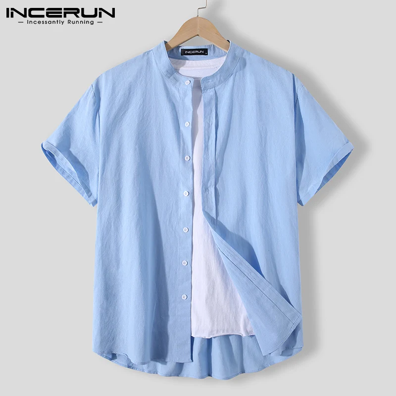 

Рубашка мужская с воротником-стойкой, хлопок 2021, короткий рукав, повседневная одежда в стиле Харадзюку, на пуговицах, однотонная, на лето