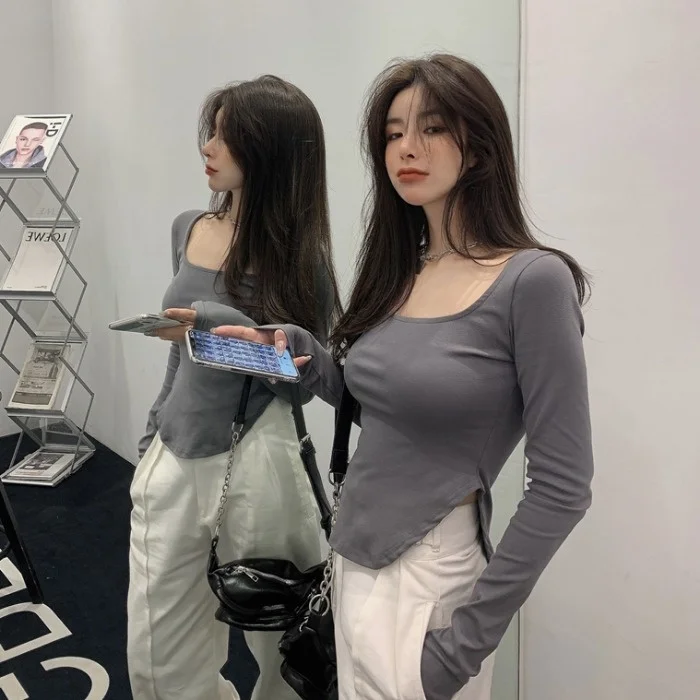 Женская футболка с длинным рукавом и U-образным вырезом в Корейском стиле | одежда