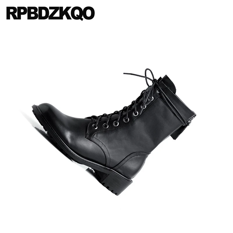 Женские ботильоны на шнуровке спереди черные дизайнерские ботинки с толстым