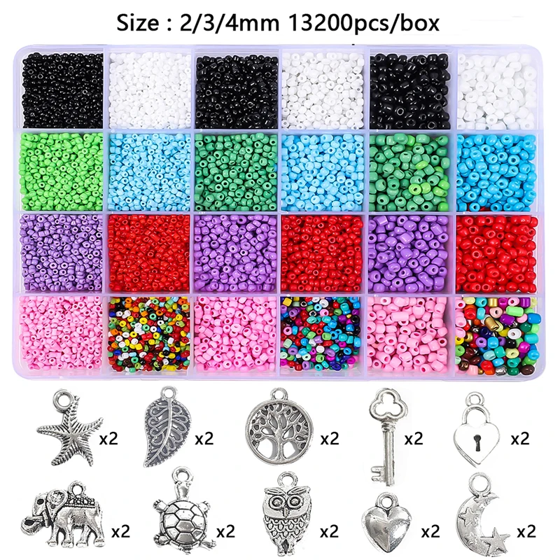 

15-24Grid/Box 2/3/4mm Mix Color Glass Seed Beads Alloy Pendant Charms with Tools Set For Bracelet Jewelry Findings Making DIY