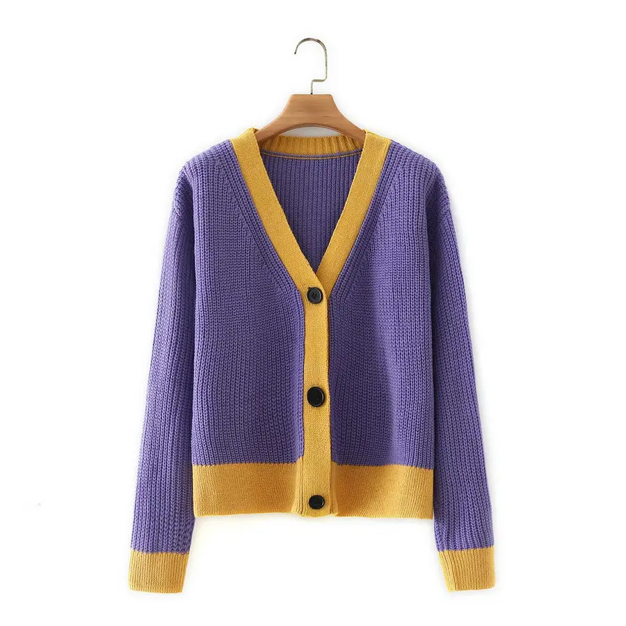 

Autumn Women Cardigan Sweater Yellow Purple Contrast Color Patchwork Design V-neck Single-Breasted Knitwear Cozy Clothes 2021