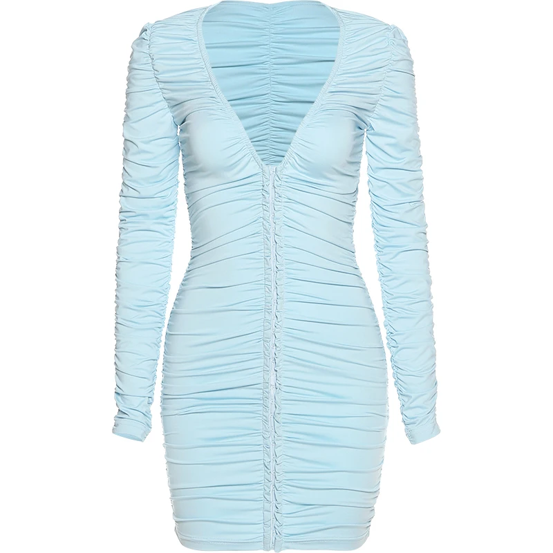 

kywommnz Sexy V-neck Low-cut Pleated Long-sleeved Dress Women Tight-fitting Hip MINI Skirt Spring Autumn 2021 E1647