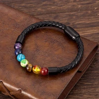 fashion charm male leather bracelet natural stone beads stainless steel men punk jewelry magnetic clasp bangles accessories gift