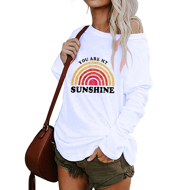 

Women t shirt Plus Size Rainbow Printed Women's Long Sleeve Tops Loose Tee One Shoulder O-Neck t Shirt Female Autumn T-Shirts