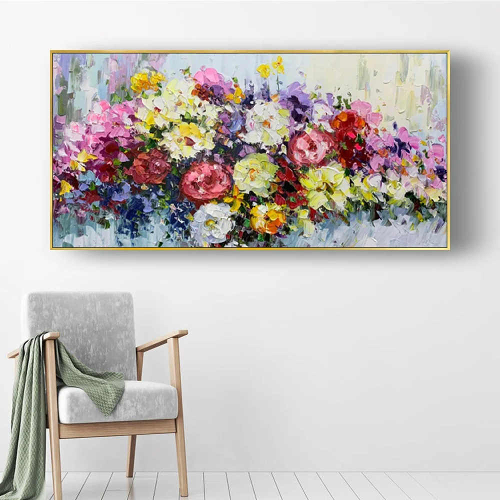 

Hand Painted Modern Yellow and Red Flower Oil Painting on Canvas Blooming flowers For Living Room Wall Art Pictures Home Decor