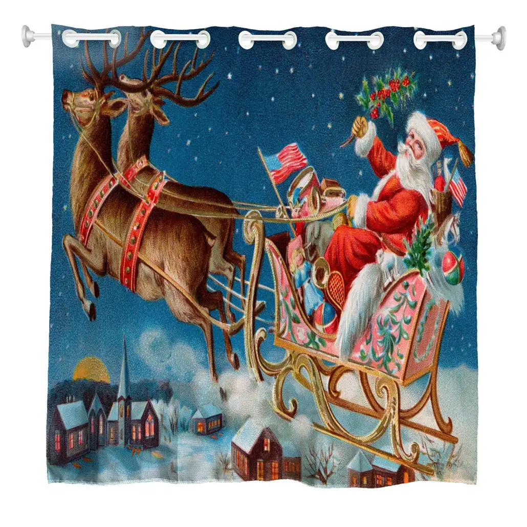

Christmas Xmas Santa Claus Driving Deer Car in Snow Town Polyester Bathroom Curtains