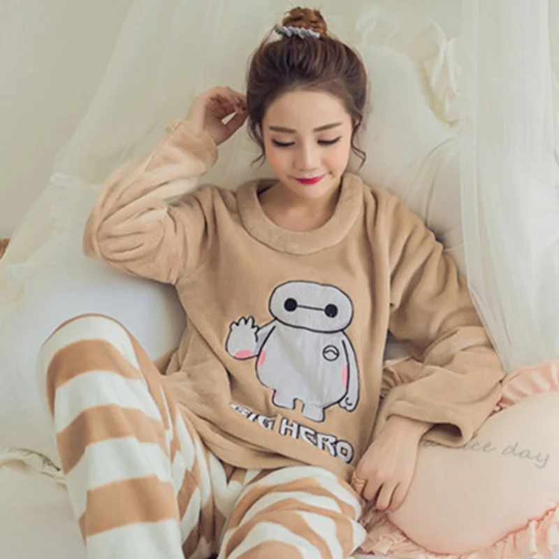 Пижама в полоску с животными размер XXL Женский пижамный комплект Коралловая