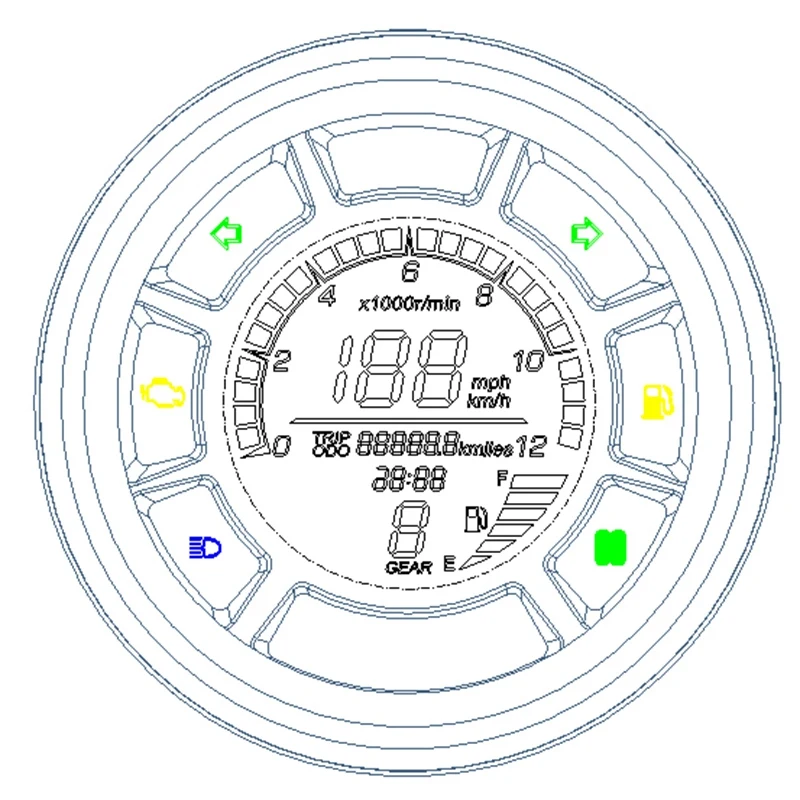 

LCD Digital Speeeter,199Km/H 12000RPM Oeter Tachometer Cylinders Gear Tachometer Gauge for Universal Motorcycle