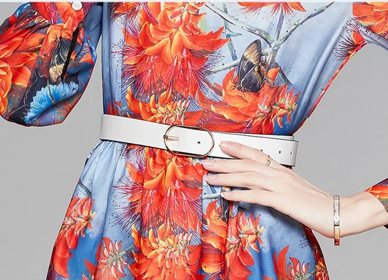 

2021 spring Fashion Runway Dress Women O-Neck Long Sleeves Floral Printing A-Line Dress Vestidos