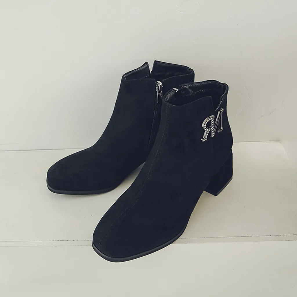 Женские замшевые ботинки на молнии квадратном каблуке|Женские полусапожки| |