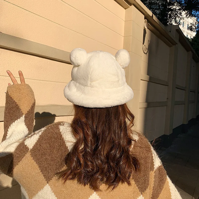 

2021 Winter Fashion Leopard Bear Ear Bucket Hat Women Thick Warm Basin Hat Faux Fur Plush Fisherman Caps Soft Protection Panama