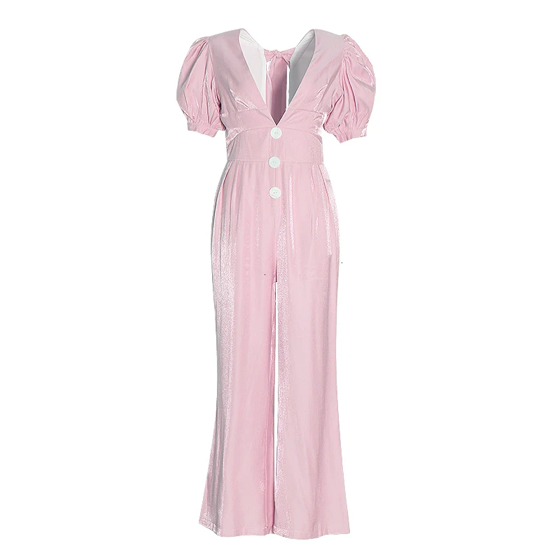 pink GALCAUR, повседневные свободные женские комбинезоны, v-образный вырез, фонарь, половина рукава, высокая талия, расклешенные штаны, на шнуровке, женский комбинезон, новинка - Цвет: pink