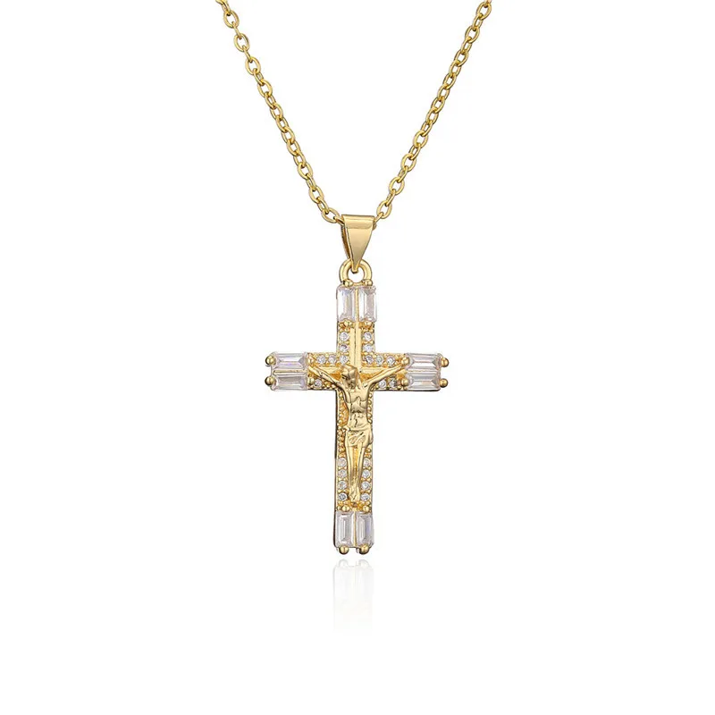 

European and American fashion copper micro-inlaid zircon religious jewelry Jesus cross necklace men and women Lucky guardian