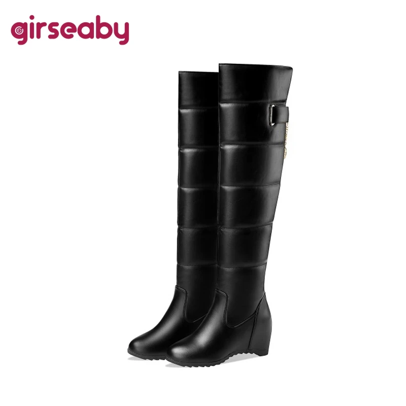 

Girseaby Ladies Wedge Heel Down Over Knee Boots Slip On Hidden Heel Water Proof Big Size 44 Party Warm Winter Plush Black F1291