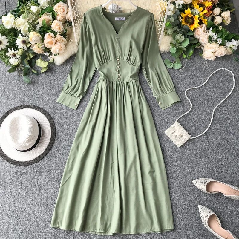 2019 Новое весенне осеннее винтажное платье женское тонкое с длинным рукавом v