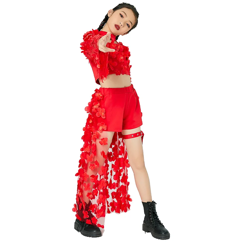 

2021 Girls Jazz Dance Costume Hip Hop Performance Red Outfit Kids New Year Festive Wear Rave Modern Ballroom Dancing Clothes