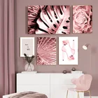 Фотообои с рисунком в виде розовых телесных цветов и пальмовых листьев
