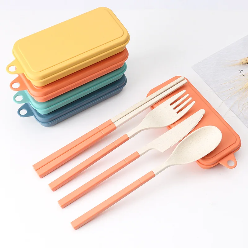

4Pcs Wheat Straw Dinnerware Set Portable Tableware Knife Fork Spoon Chopsticks Set Travel Cutlery Set Eco-Friendly Utensil Box